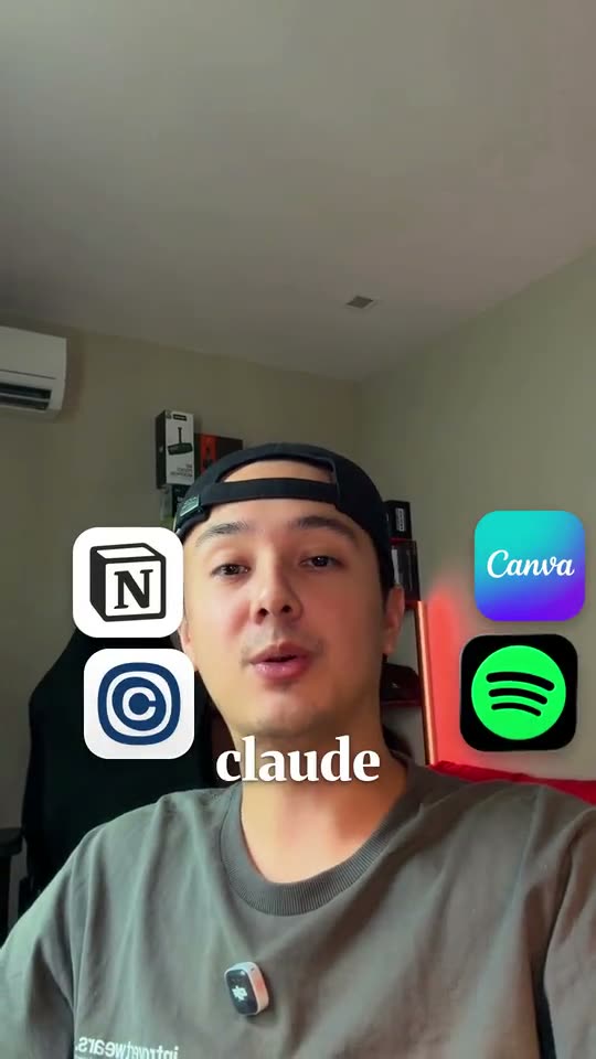 Image du reel monté : Danai face caméra, le mot « claude » en blanc sous son menton, entouré des icônes de Notion, Canva, Spotify et d’une autre application.