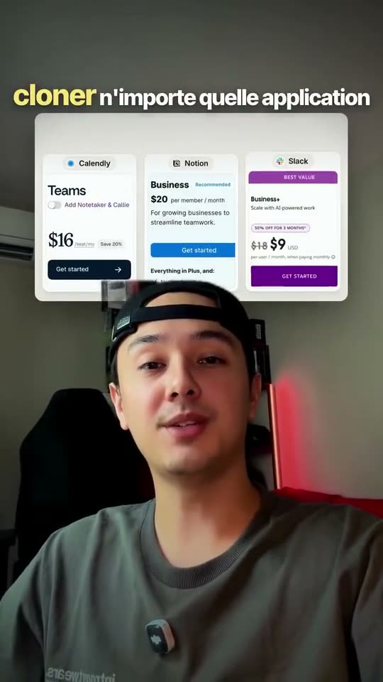 Image du reel : Danai face caméra, casquette noire à l’envers et t-shirt kaki, avec au-dessus de sa tête trois cartes de prix d’applications et le sous-titre « cloner n’importe quelle application ».